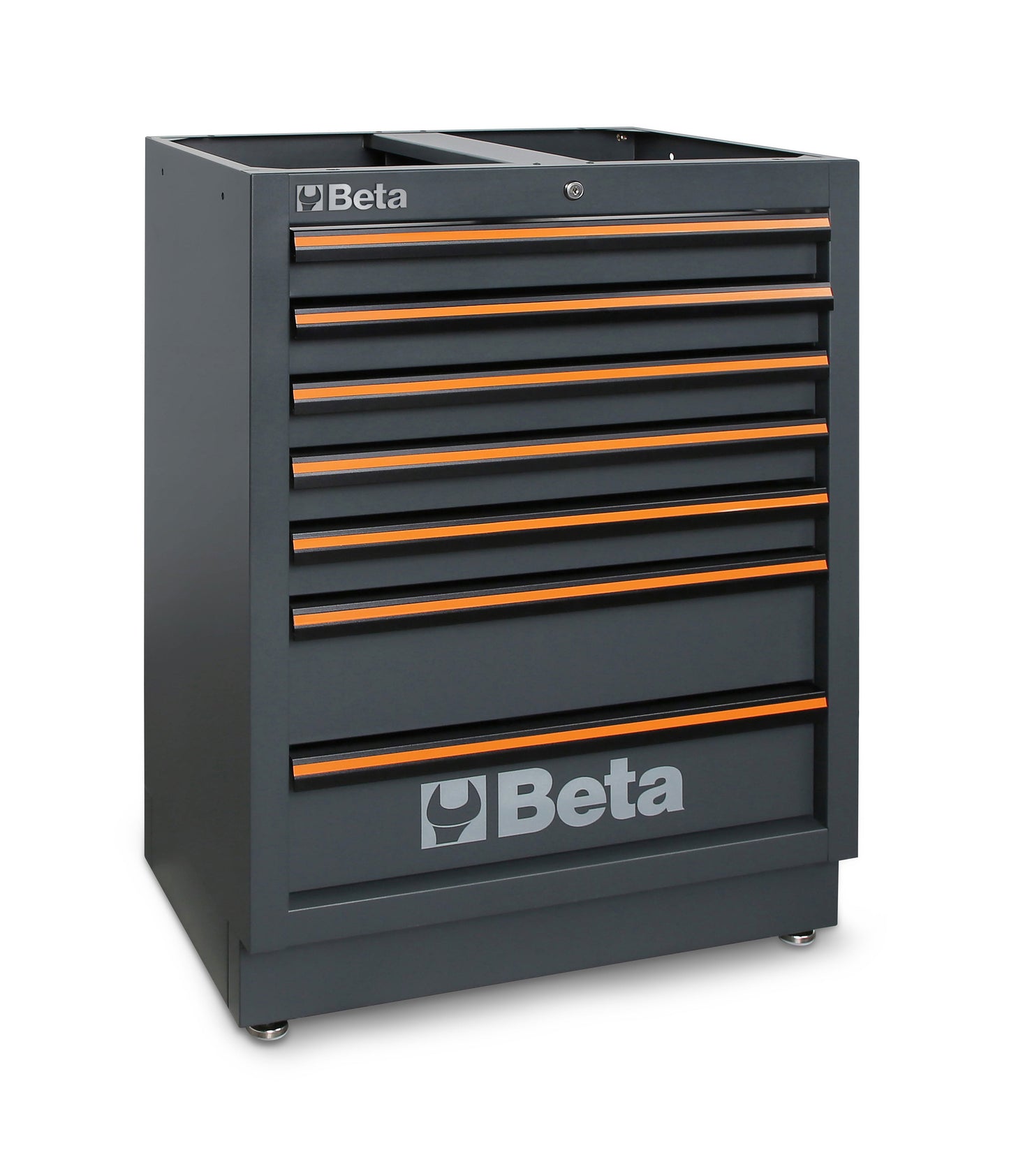 C45PRO seven-drawer fixed floor module on levelling feet, the deep-drawer bench unit