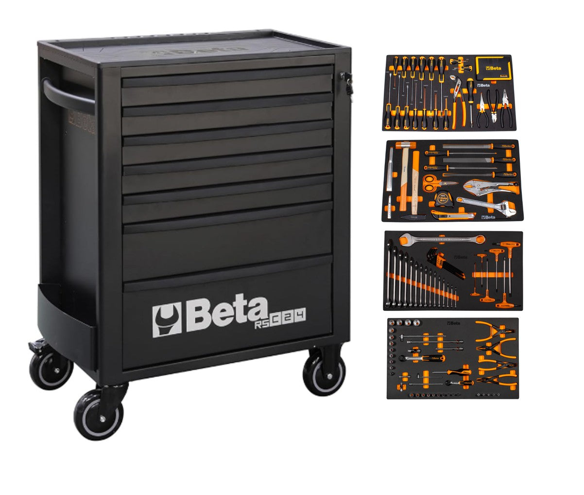 Black Beta RSC24 seven-drawer cabinet shown with the four 5924 tool trays it is bundled with