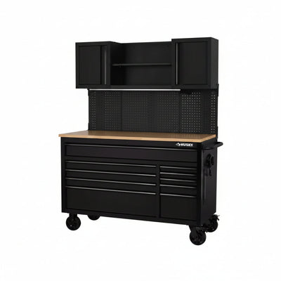 56 In. W X 27.6 In. D 10-Drawer Matte Black Heavy-Duty Mobile Workbench with Pegboard and Top Cabinets