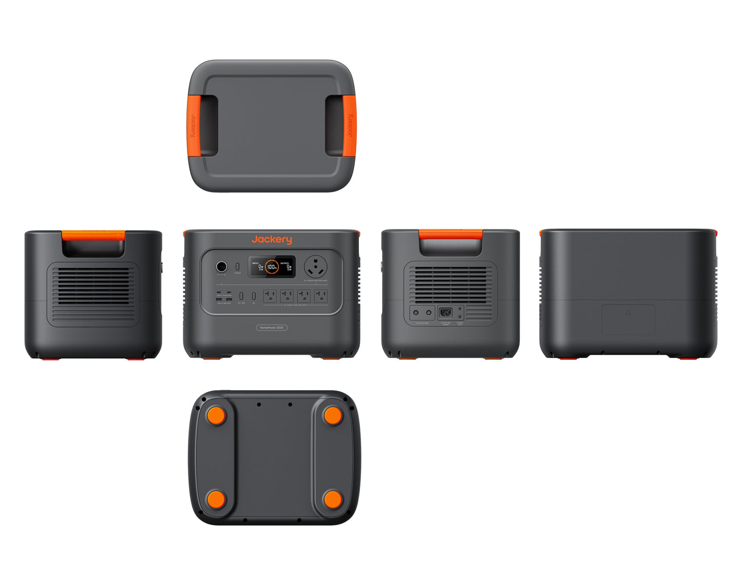 Six-view technical diagram of the Jackery HomePower 3000 showing front, back, both sides, top and bottom panels