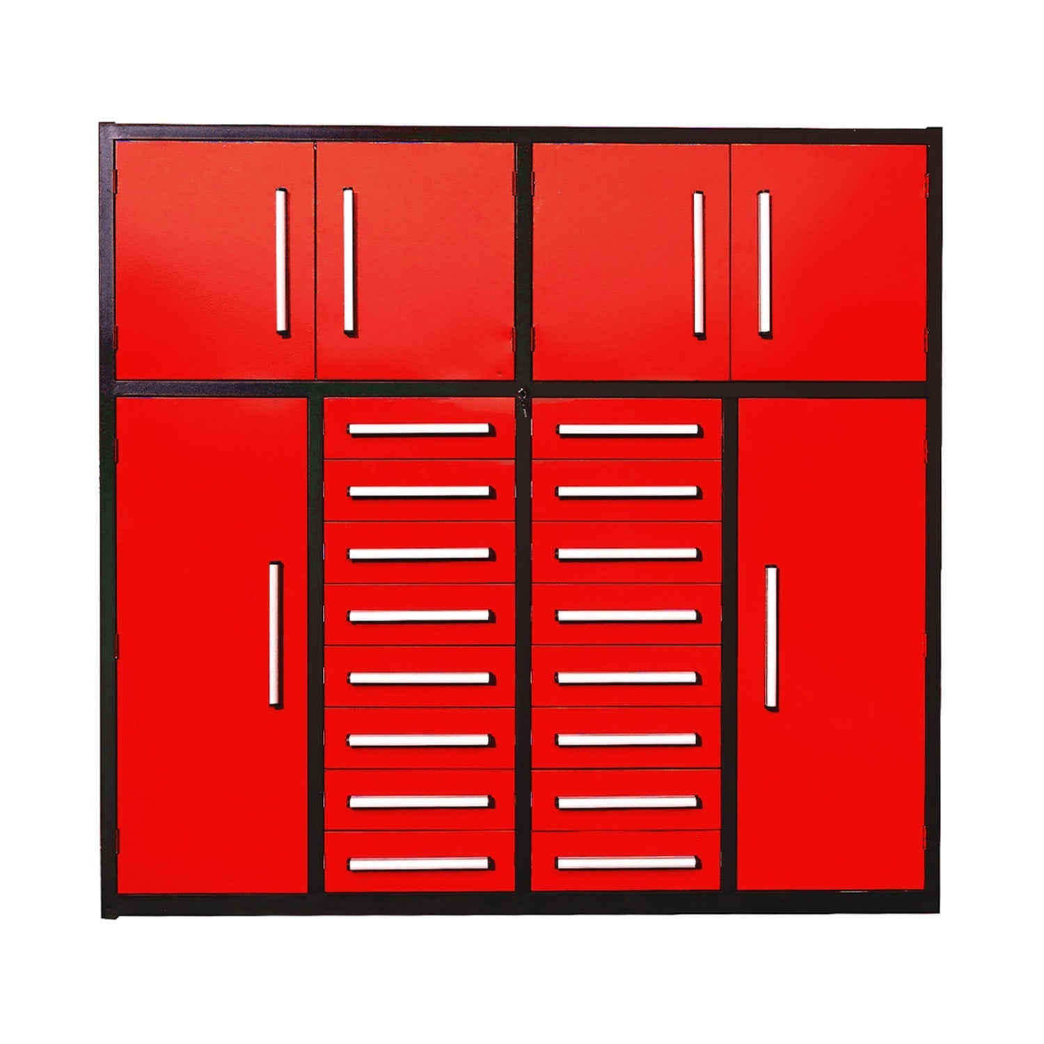 Chery Industrial 7 ft red steel garage storage cabinet with 16 drawers, upper cabinets and side locker bays