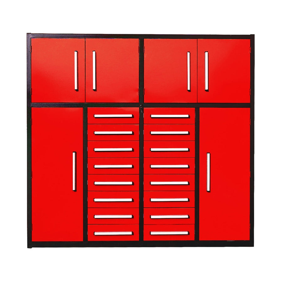 Chery Industrial 7 ft red steel garage storage cabinet with 16 drawers, upper cabinets and side locker bays
