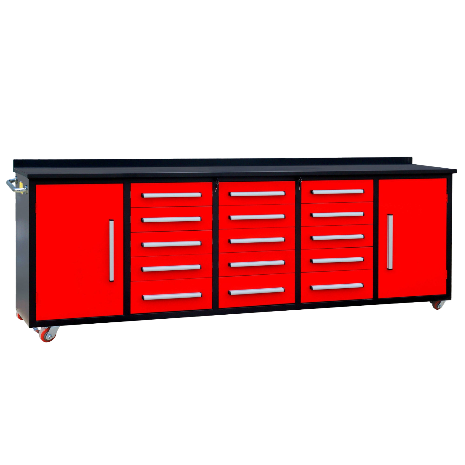 Chery Industrial 10 ft red mobile storage workbench with 15 drawers and steel worktop