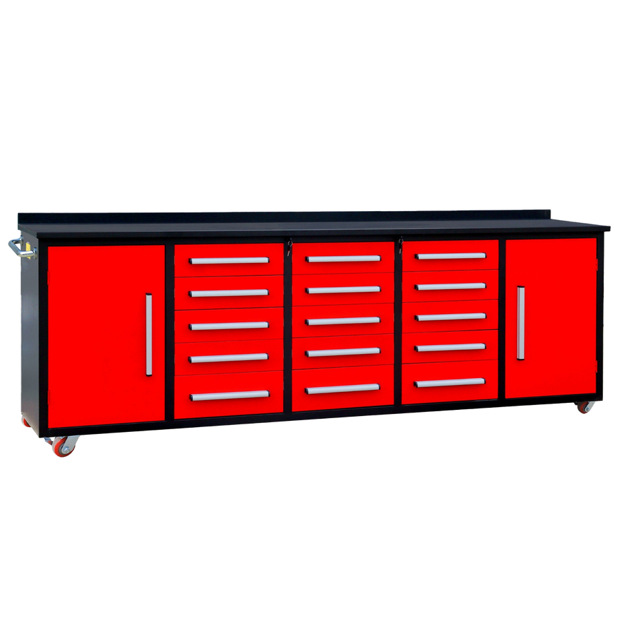 Chery Industrial 10 ft red mobile storage workbench with 15 drawers and steel worktop