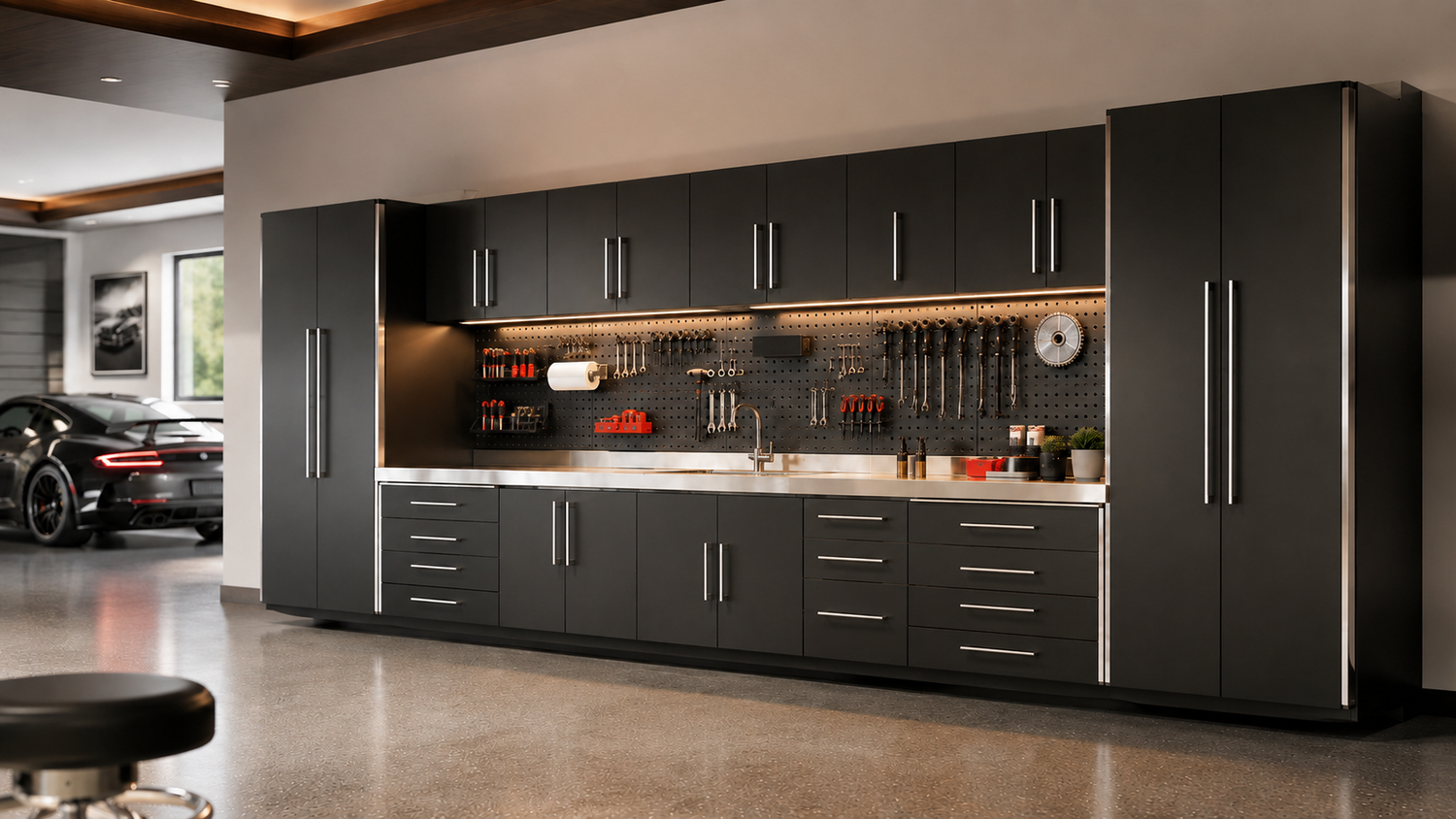 A wall run of dark steel garage storage cabinets with a stainless worktop and pegboard.