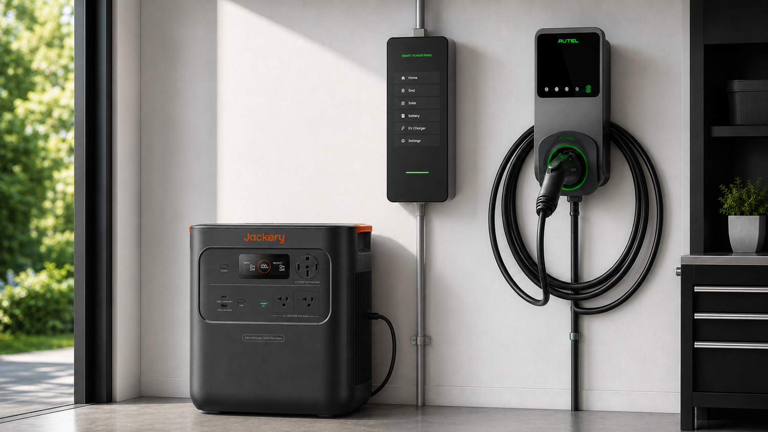 A portable power station, smart power panel and wall-mounted EV charger in a garage.