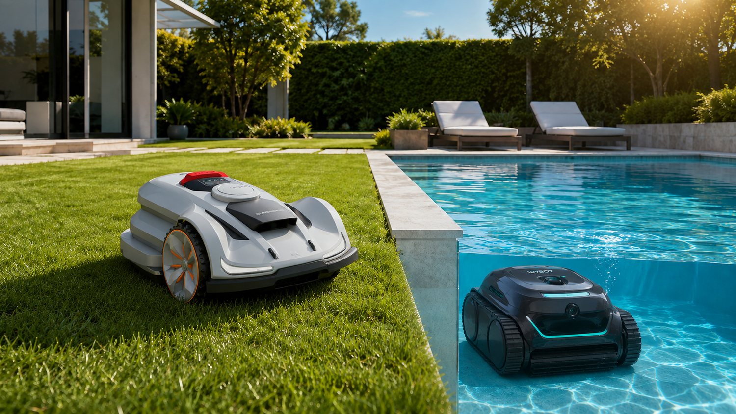 A tracked robot lawn mower and a cordless robotic pool cleaner.