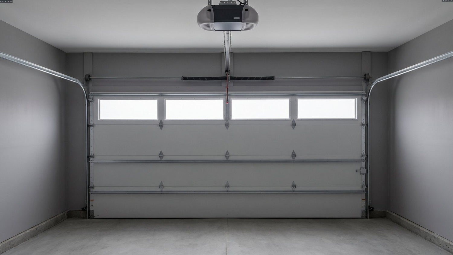 A sectional garage door seen from inside, with a ceiling-mounted direct-drive opener.