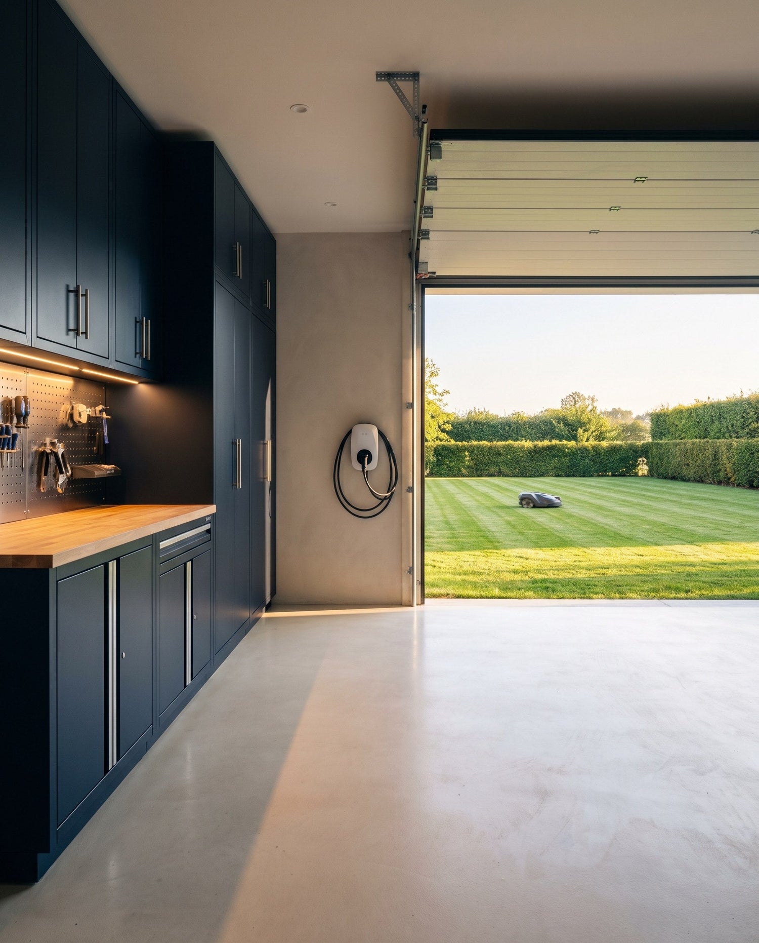 A garage with dark steel cabinets and a wall-mounted EV charger, opening onto a lawn with a robot mower.