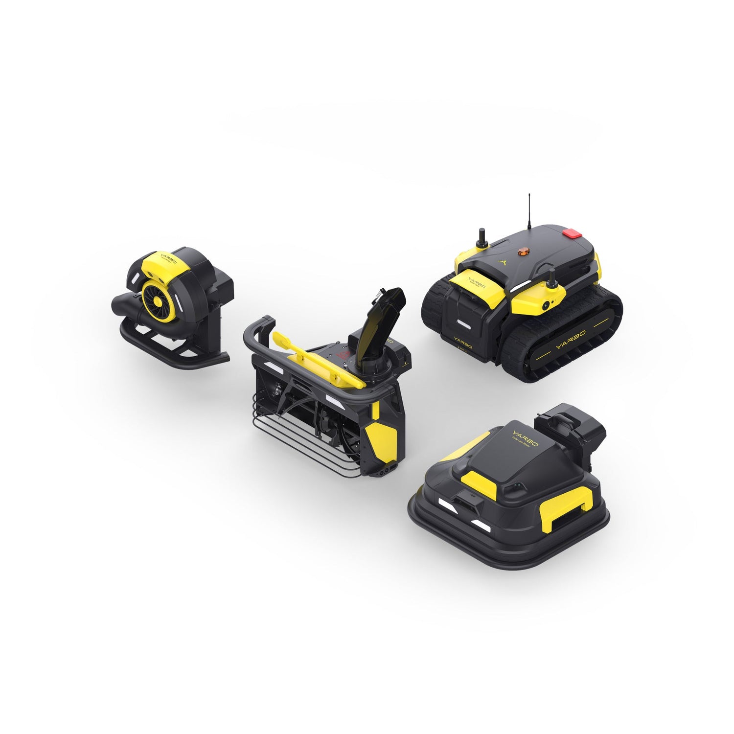 The Yarbo modular yard robot range with its seasonal task modules arranged together.