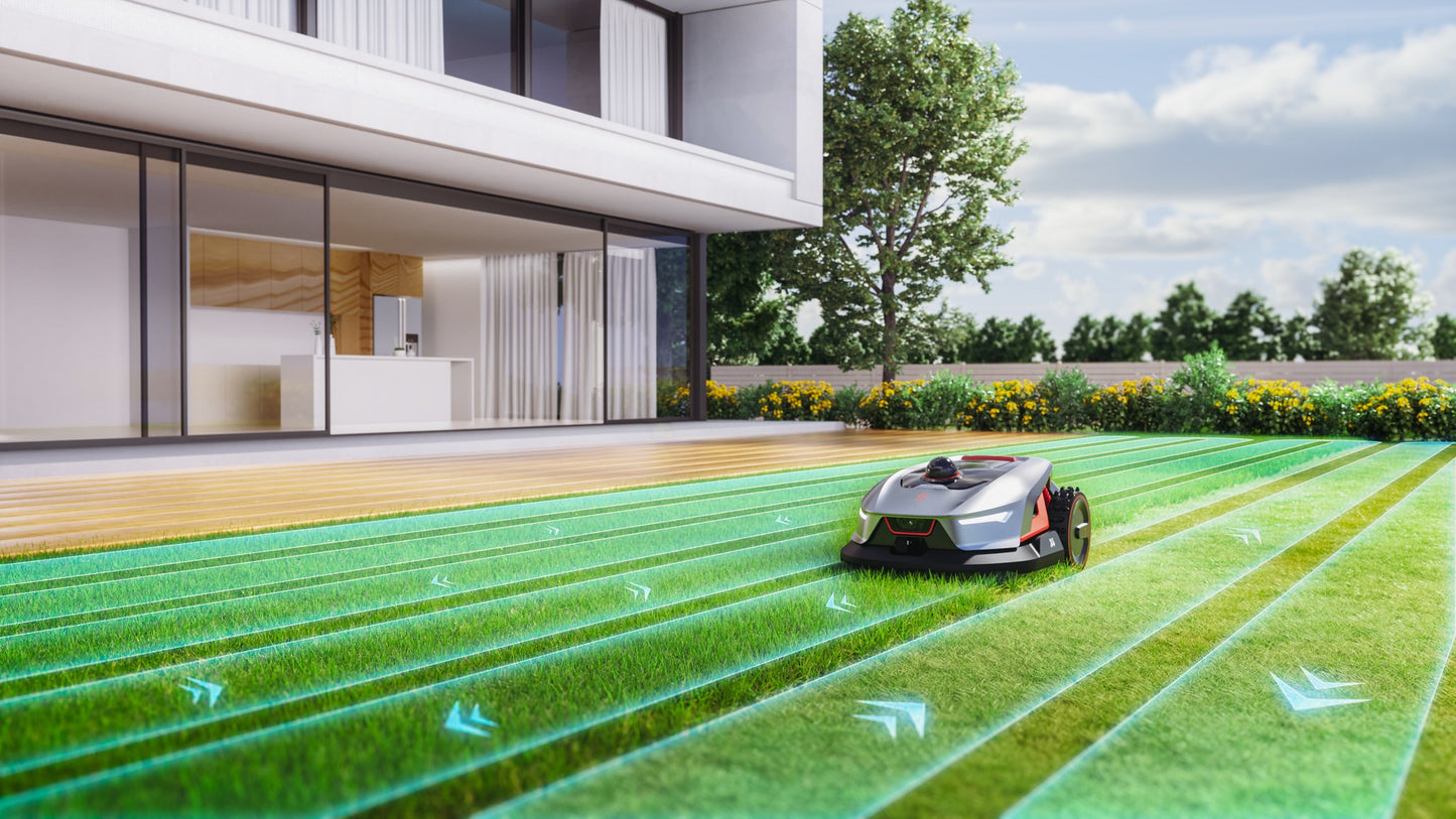 Sunseeker X4 mowing a lawn in planned passes beside a modern home