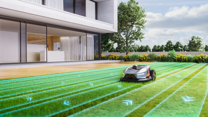 Sunseeker X4 mowing a lawn in planned passes beside a modern home