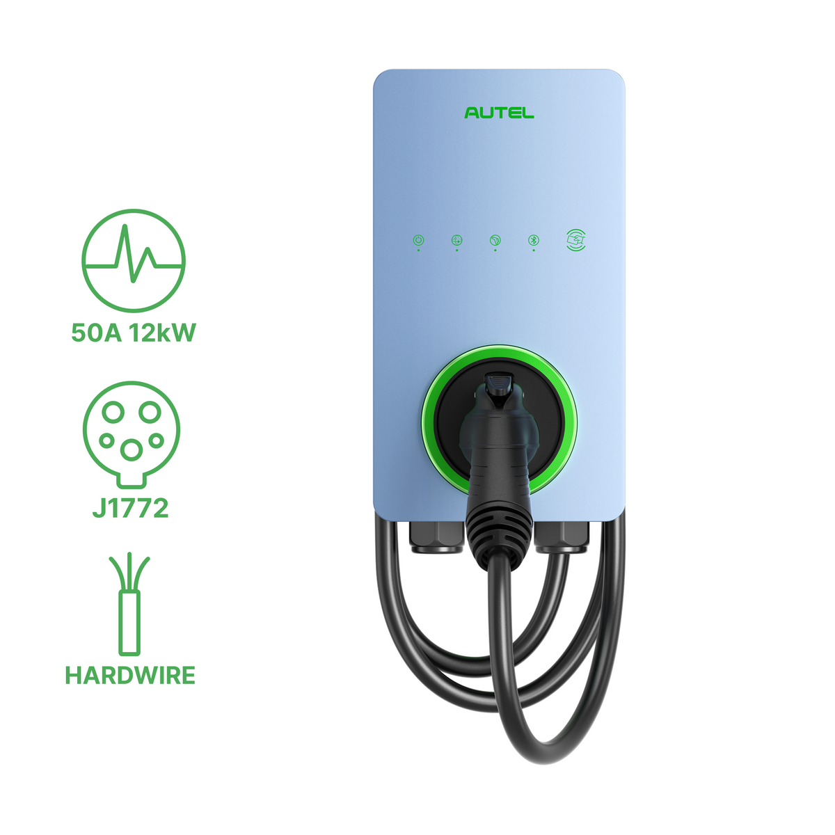 Autel AC Lite Home 50A EV charger shown on a light blue wall with connector holstered