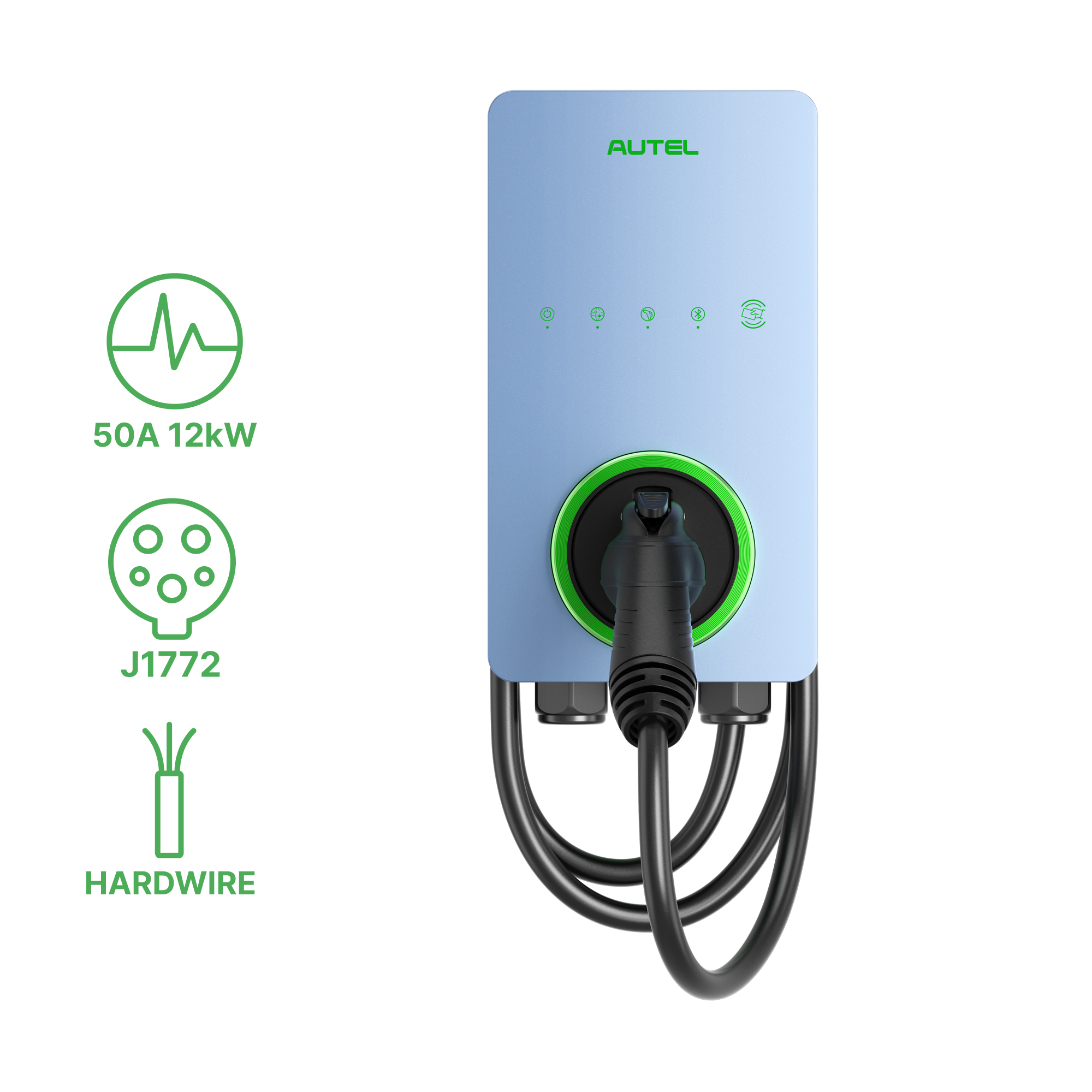 Autel AC Lite Home 50A EV charger shown on a light blue wall with connector holstered