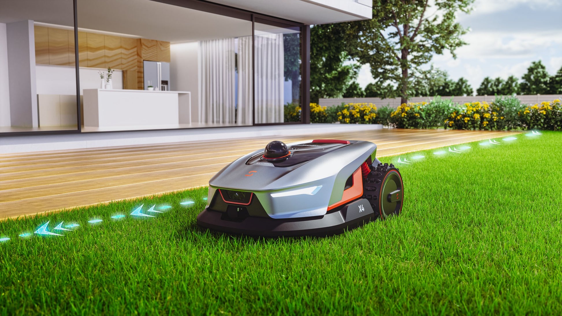 Sunseeker X4 holding a virtual boundary at a terrace edge, no perimeter wire