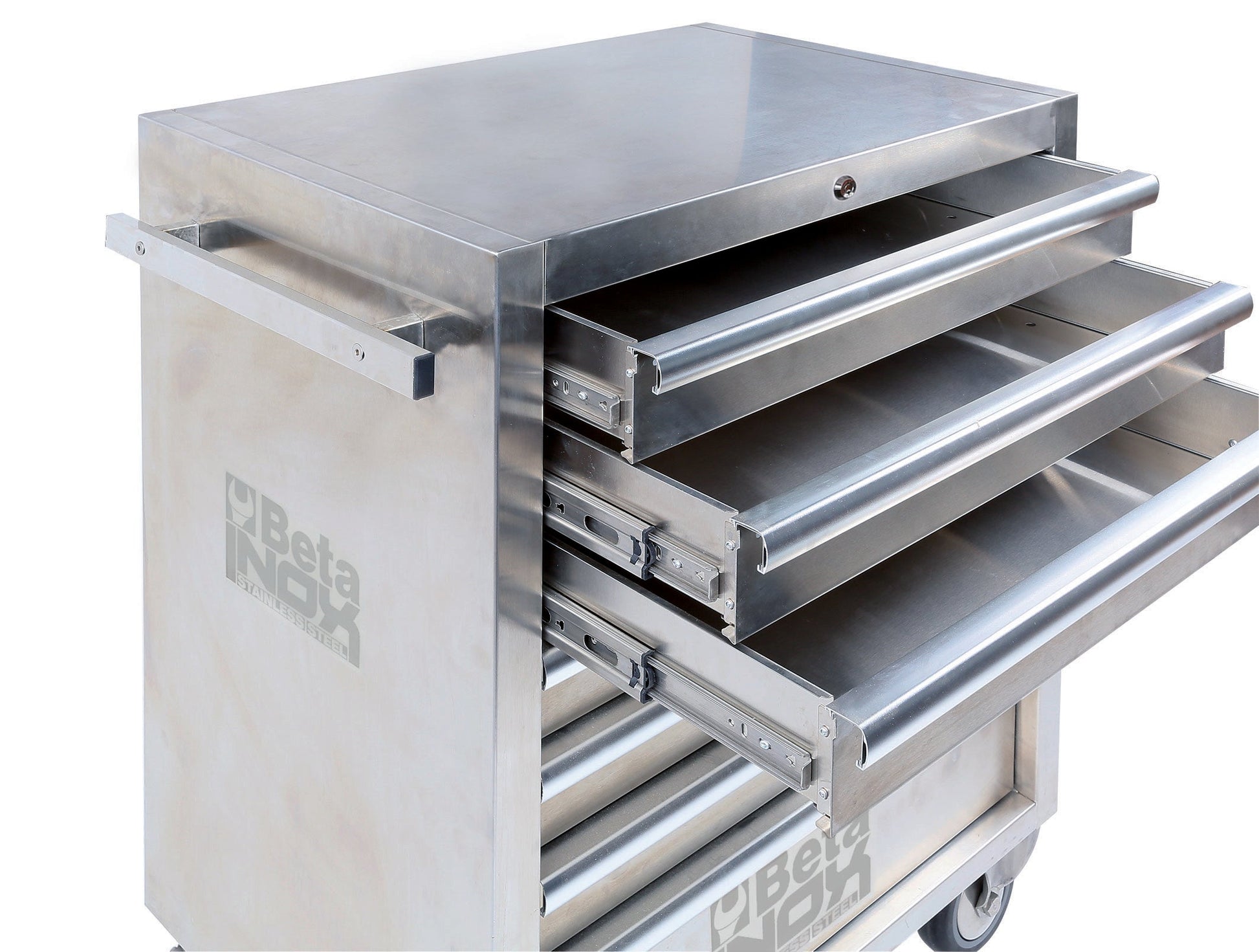 C04TSS/7 with three drawers open, showing stainless ball-bearing slides and aluminium handles
