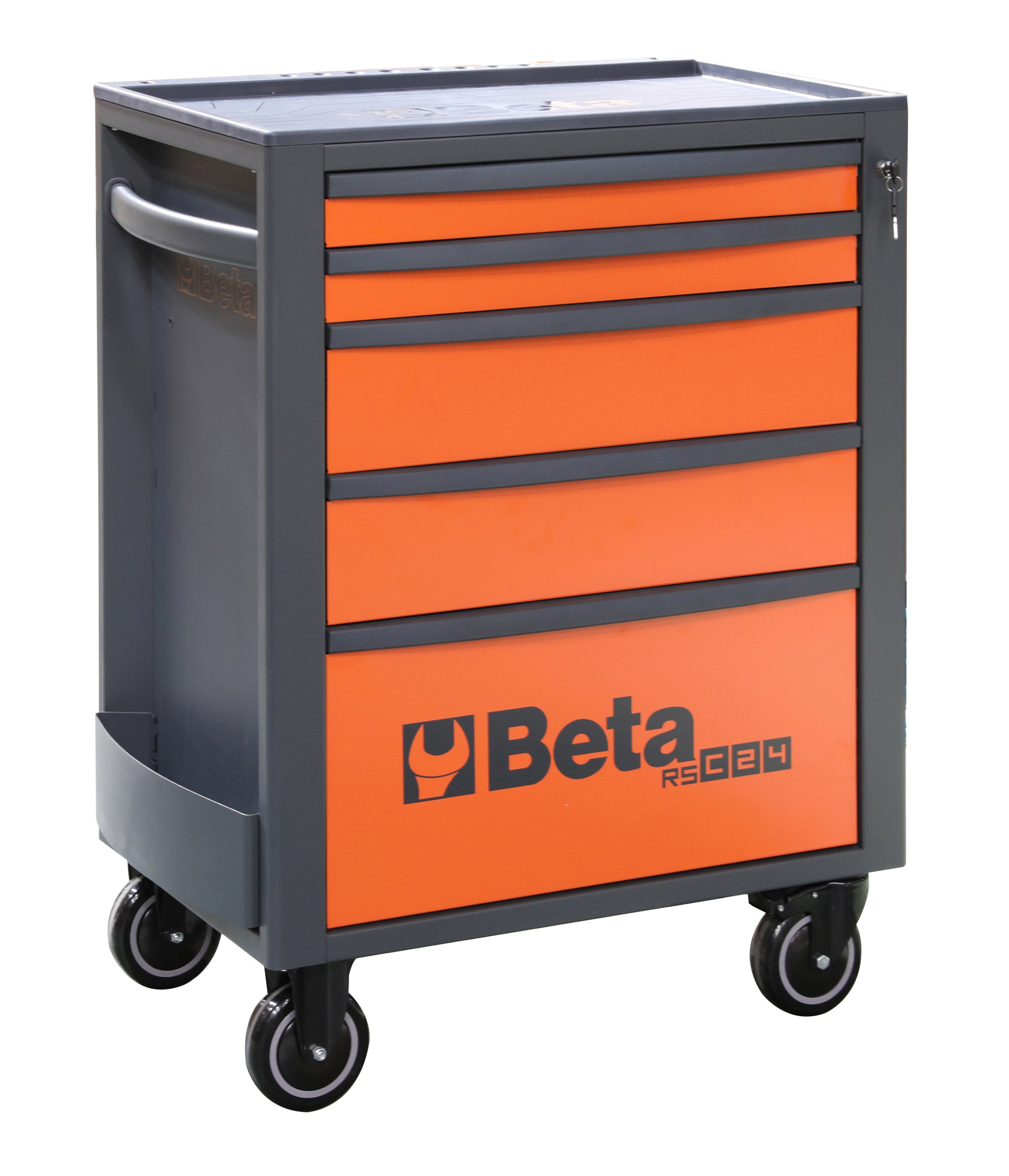 Beta RSC24 five-drawer rolling tool cabinet in orange, three-quarter view on 5 in casters