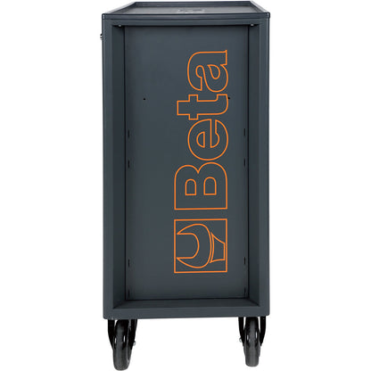 Side panel of the Beta RSC24 rolling tool cabinet, grey steel with a large orange Beta logo