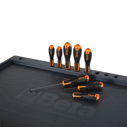 Beta screwdrivers held upright in the RSC24 thermoplastic worktop with its anti-fall raised edge