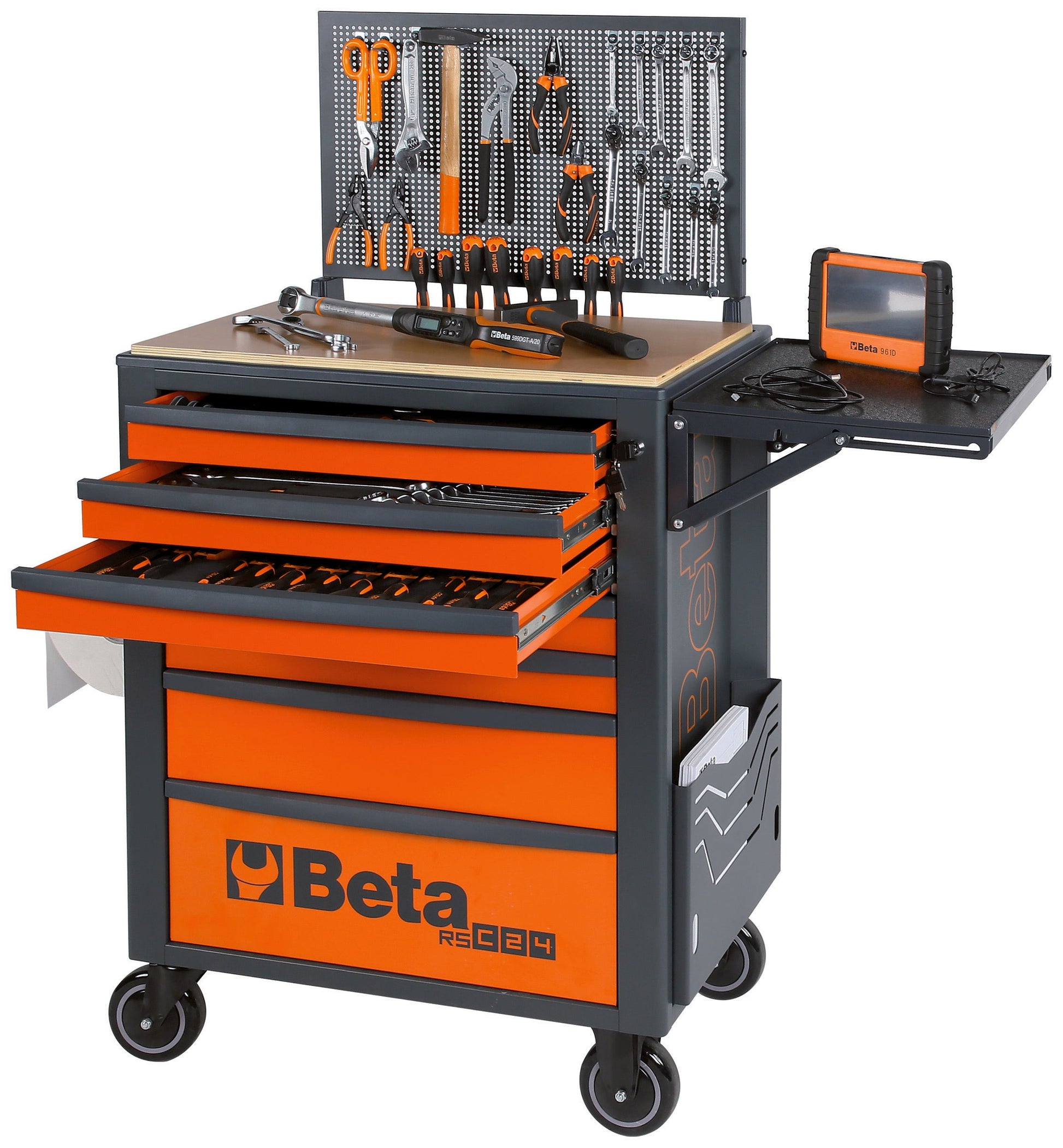 Beta RSC24 fitted with wood worktop, perforated tool panel, folding shelf and paper roll holder