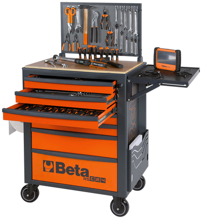 Beta RSC24 fitted with wood worktop, perforated tool panel, folding shelf and paper roll holder