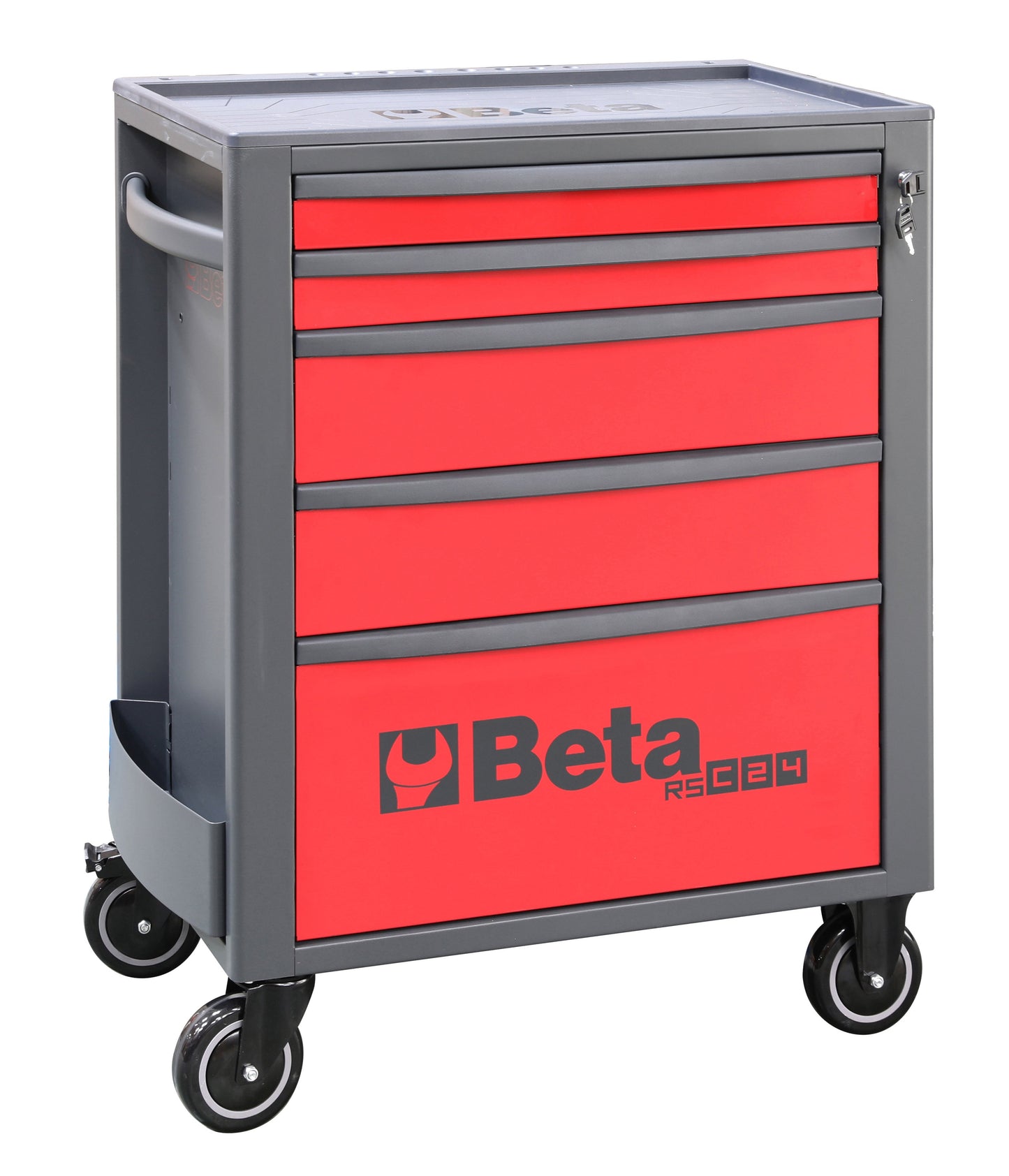 Beta RSC24 five-drawer rolling tool cabinet in red with grey frame, front lock and casters