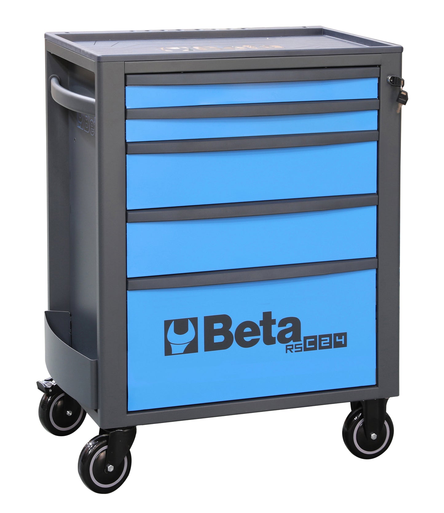 Beta RSC24 five-drawer rolling tool cabinet in blue with dark grey frame and brake casters