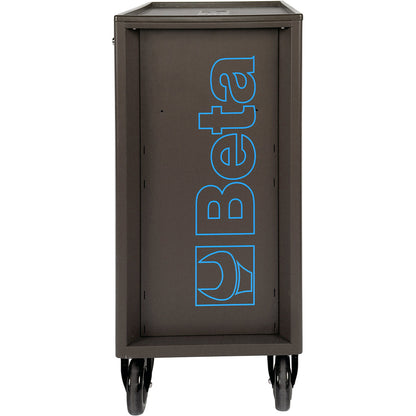 Side panel of the blue Beta RSC24 rolling tool cabinet with blue outline Beta logo on grey steel