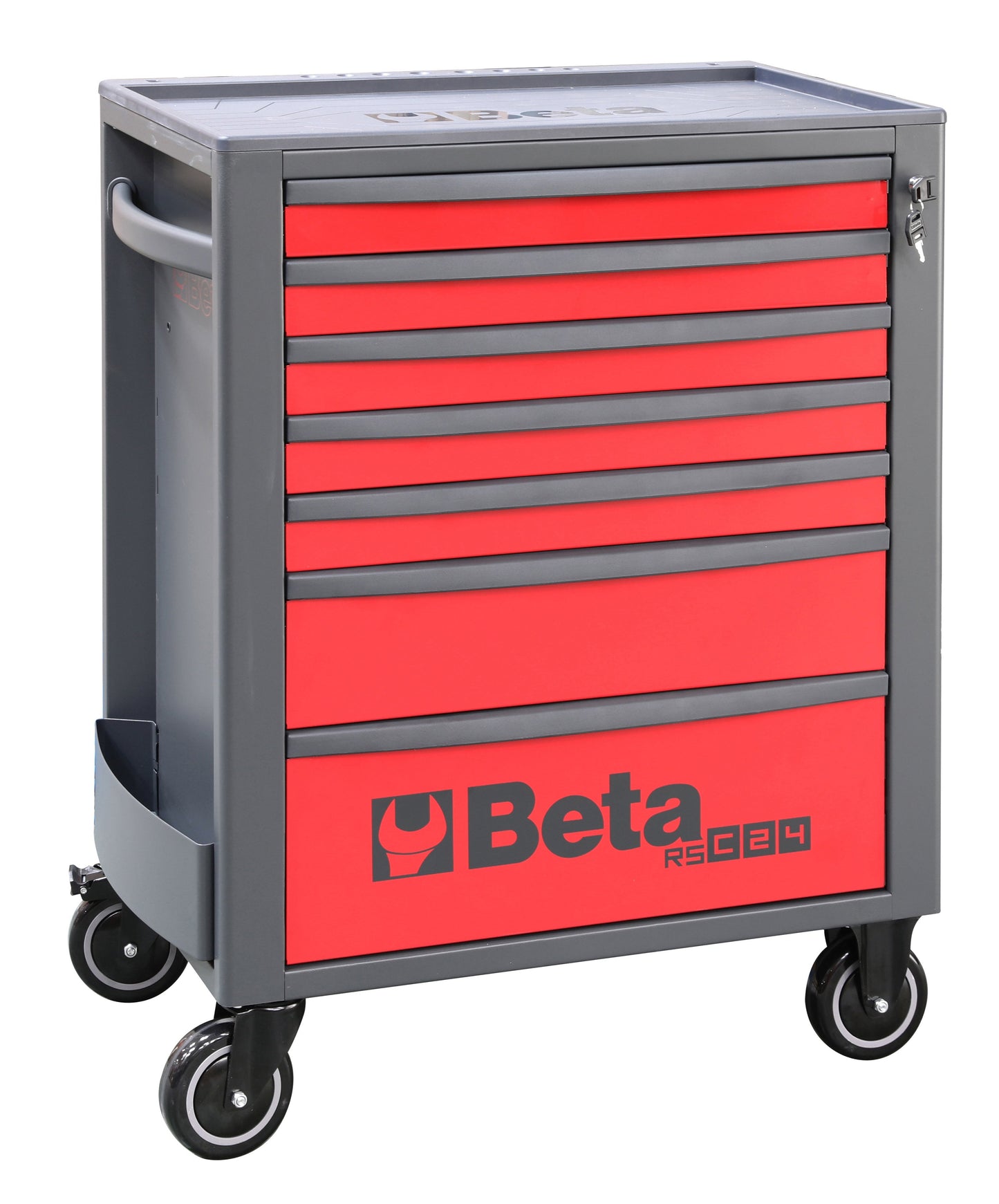 Beta RSC24 seven-drawer rolling tool cabinet in red, front view with centralised safety lock