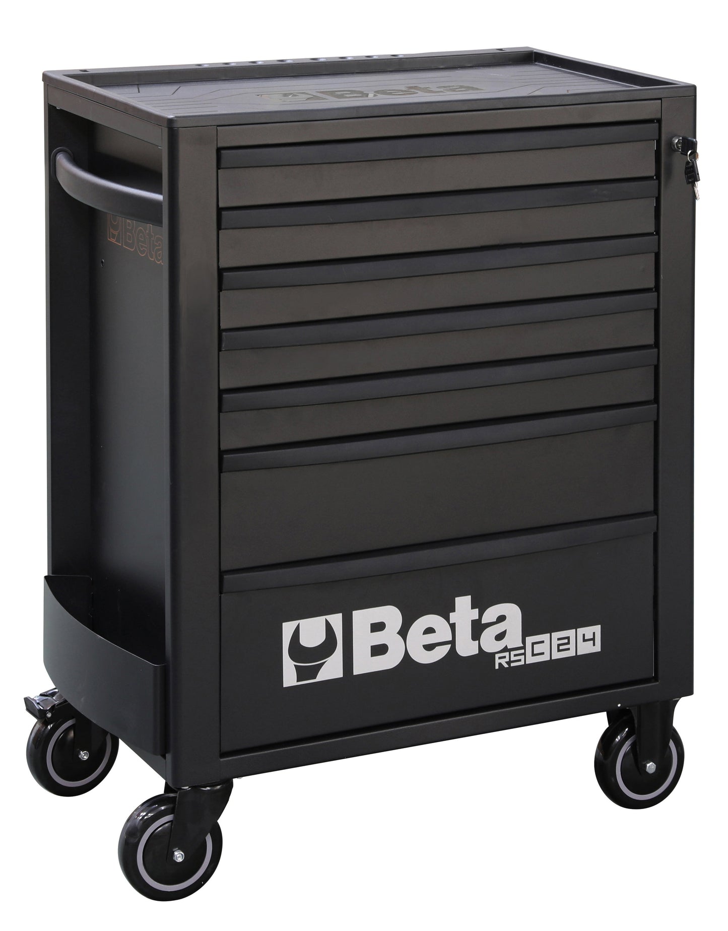 Beta RSC24 seven-drawer rolling tool cabinet in matt black, three-quarter view on casters