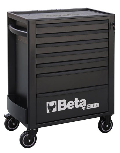 Beta RSC24 seven-drawer rolling tool cabinet in matt black, three-quarter view on casters