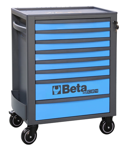 Beta RSC24 eight-drawer rolling tool cabinet in blue, front three-quarter studio view