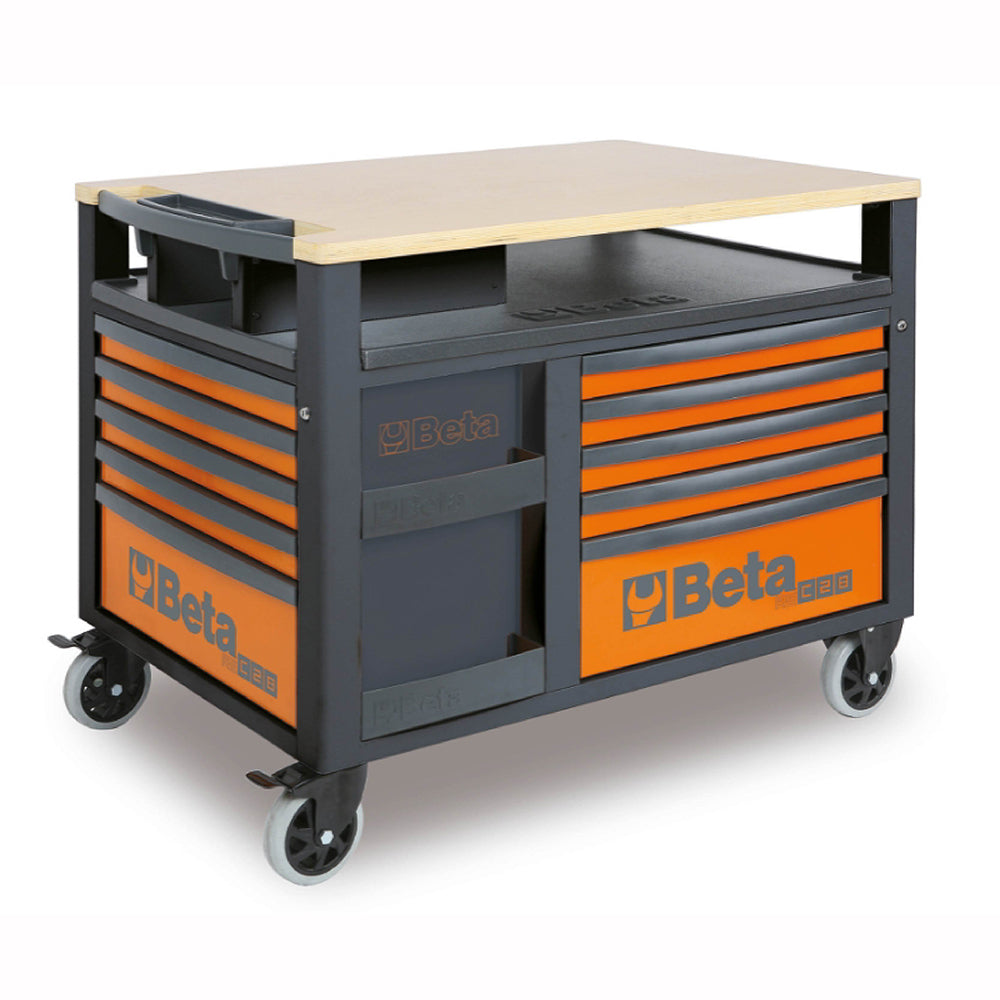 Beta RSC28 SuperTank rolling tool cabinet in orange with full wood bench top on six casters