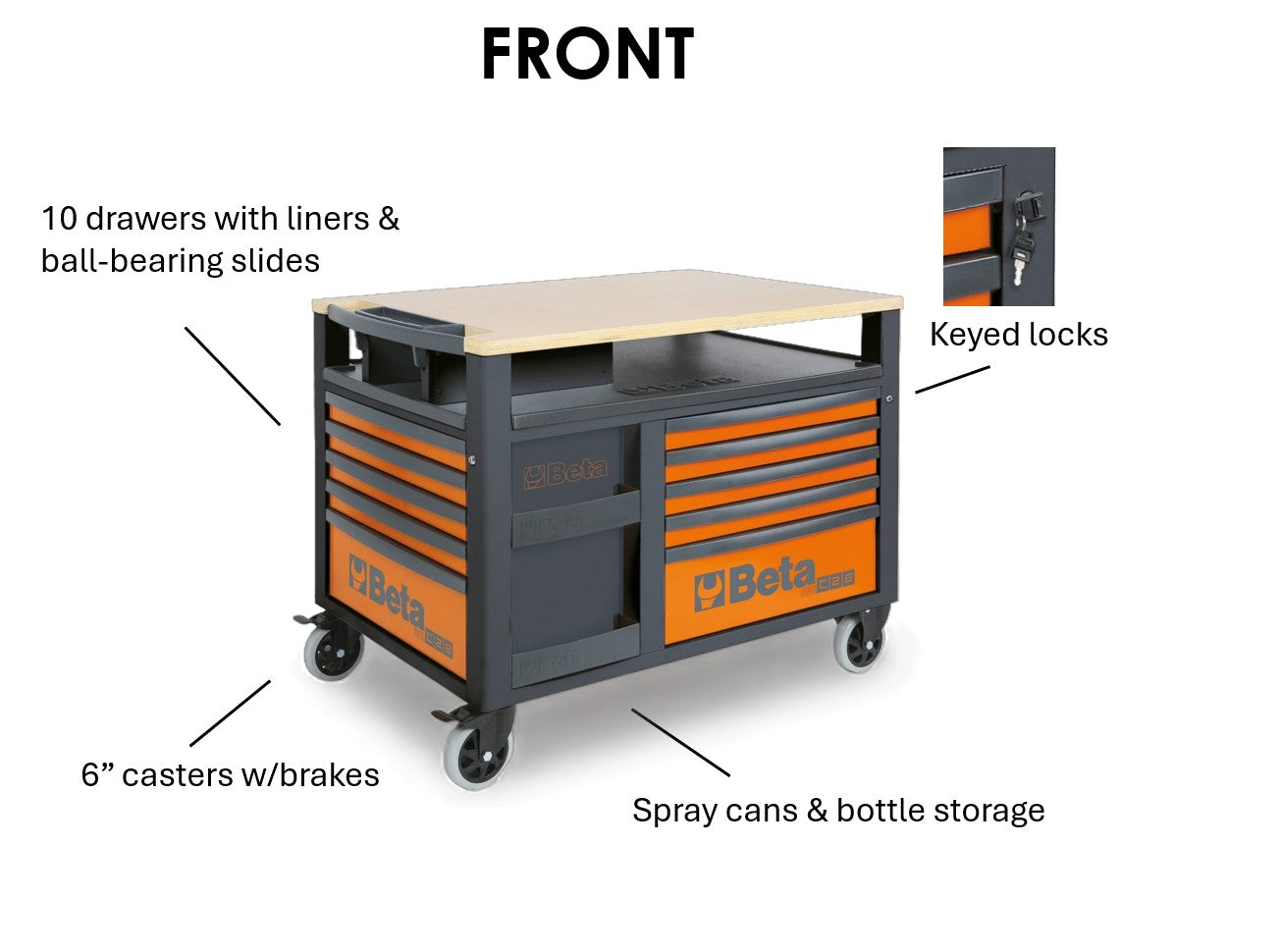 RSC28 front feature diagram: ten lined drawers, keyed locks, 6 in brake casters, bottle storage