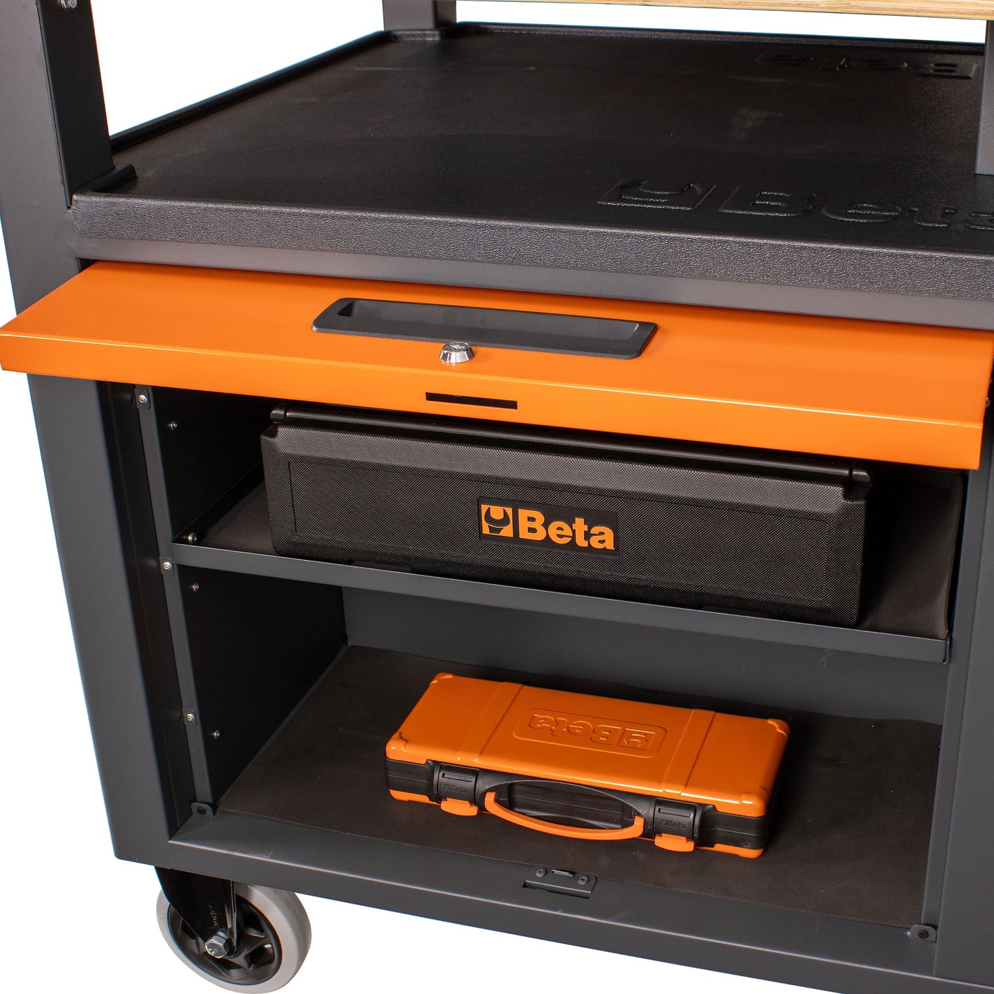 Open RSC28 side locker showing an adjustable shelf holding a Beta tool case and bag
