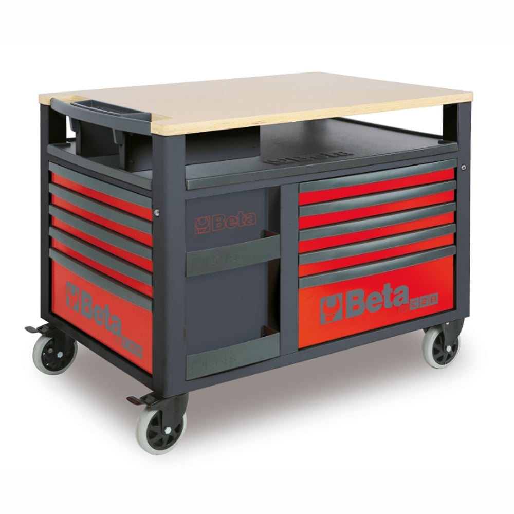 Beta RSC28 SuperTank rolling tool cabinet in red with wood bench top and side locker