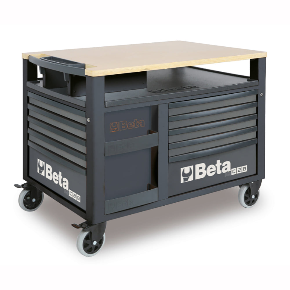 Beta RSC28 SuperTank rolling tool cabinet in all-grey with wood bench top and pass-thru shelf
