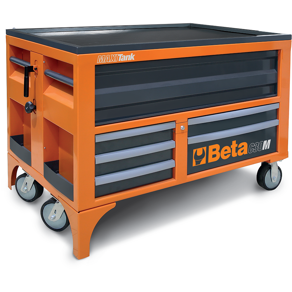 Beta C30M Maxi Tank mobile workbench in orange, with hydraulic jack lever and five drawers