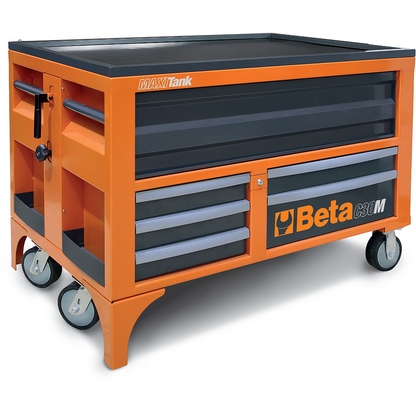 Beta C30M Maxi Tank mobile workbench in orange, with hydraulic jack lever and five drawers