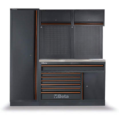 Beta C45PRO EX run: tall locker, wall cabinets, perforated panels and a seven-drawer bench