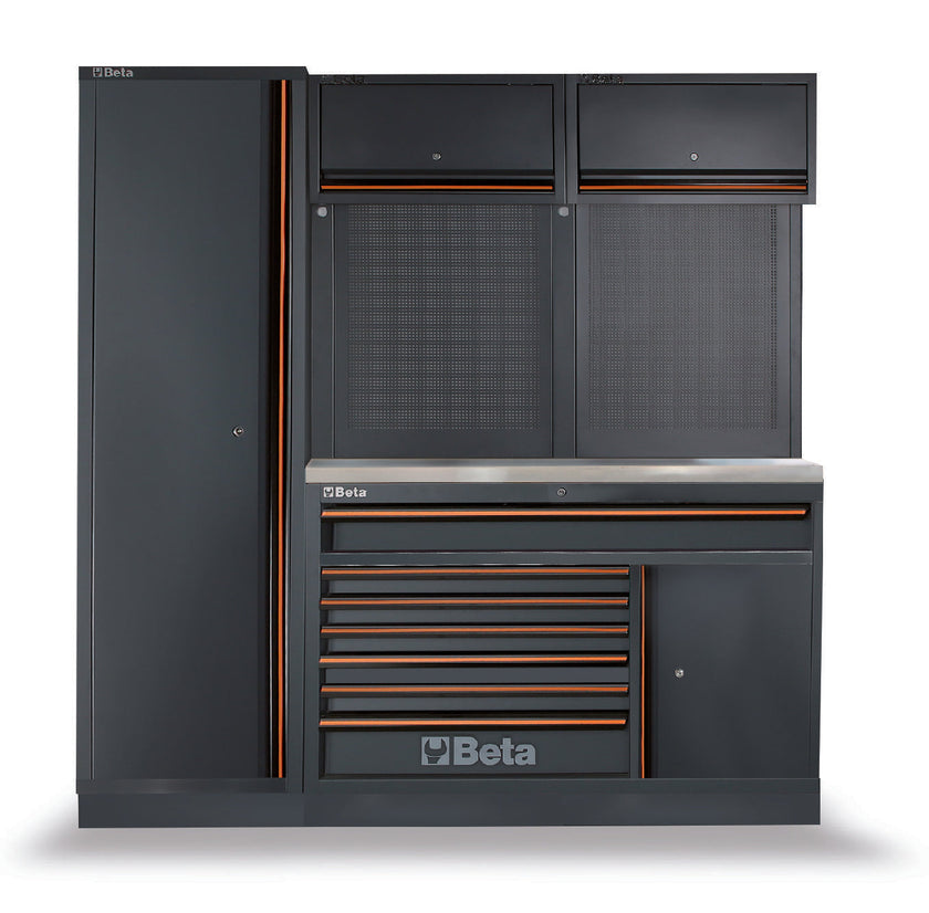 Beta C45PRO EX run: tall locker, wall cabinets, perforated panels and a seven-drawer bench