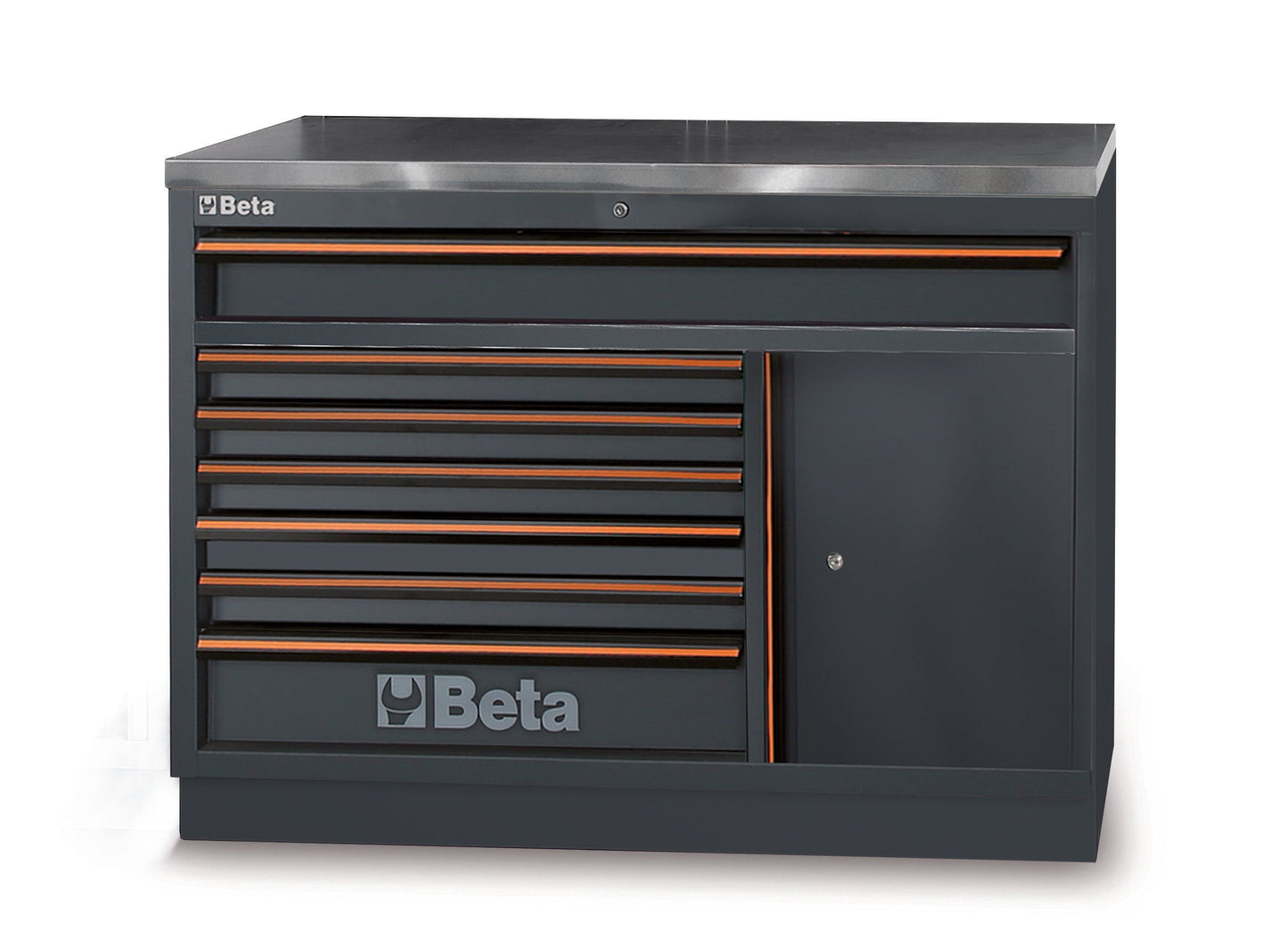 C45PRO seven-drawer floor module with locking door and stainless-steel-coated MDF worktop