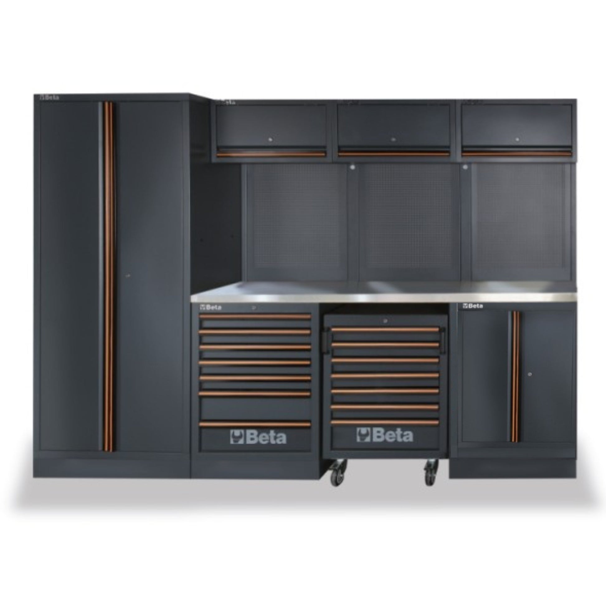 Beta C45PRO X+MA run: 116 in worktop with fixed and roller drawer modules and wall panels