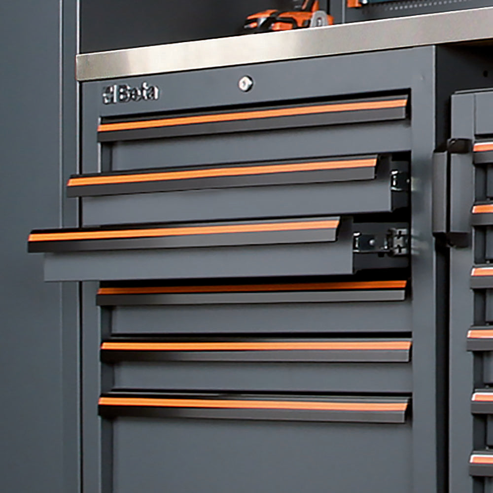 C45PRO drawers open on ball-bearing slides beneath the stainless-coated worktop edge