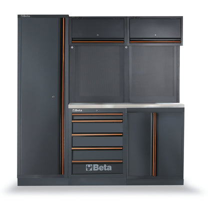 Beta C45PRO BX run: 77 in worktop with a five-drawer module, tall locker and wall cabinets