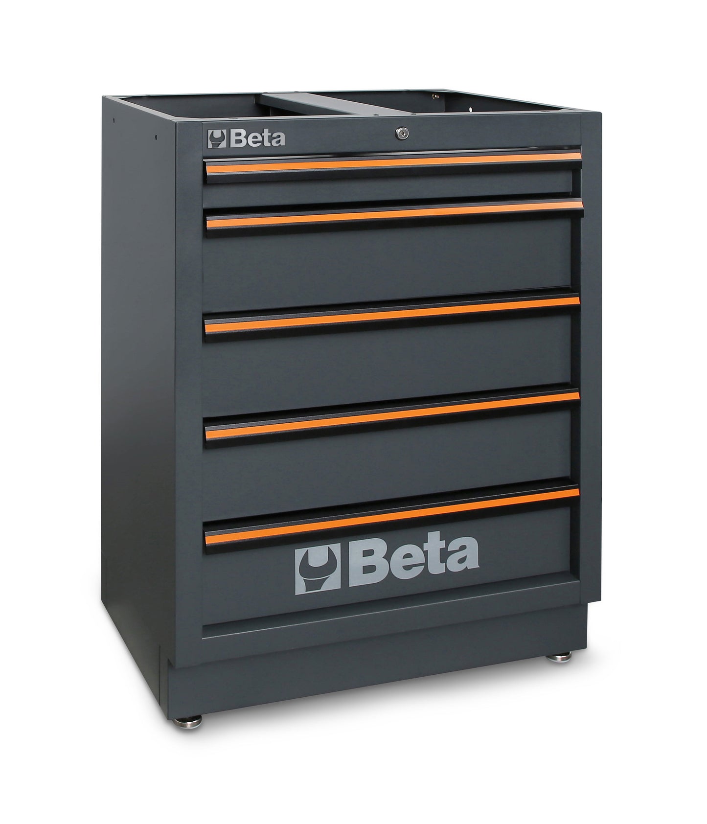 C45PRO five-drawer floor module on levelling feet, with orange drawer pulls and centre lock