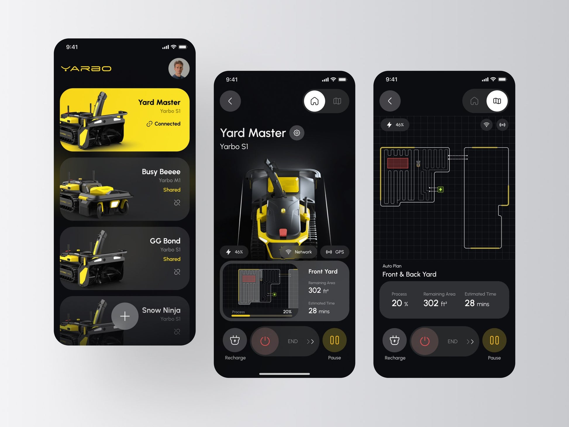 Yarbo app screens showing yard mapping, zones and scheduling