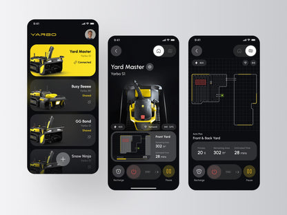 Yarbo app screens showing yard mapping, zones and scheduling