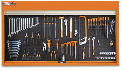 Orange Beta C57SP wall panel with shutter open, three perforated boards fully loaded with tools