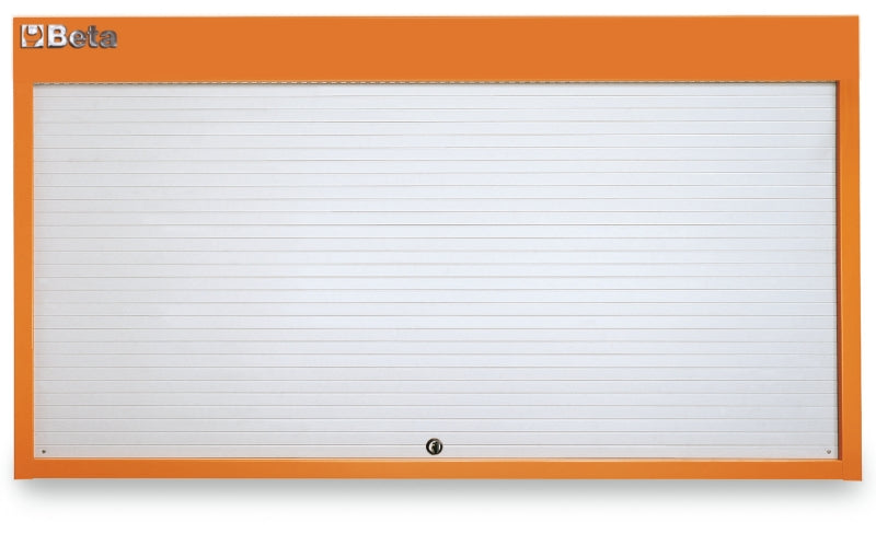 Orange C57SP wall panel with the aluminium rolling shutter closed and the keyed lock centred